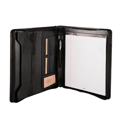 A4 Genuine Leather Zipped Folder - Black