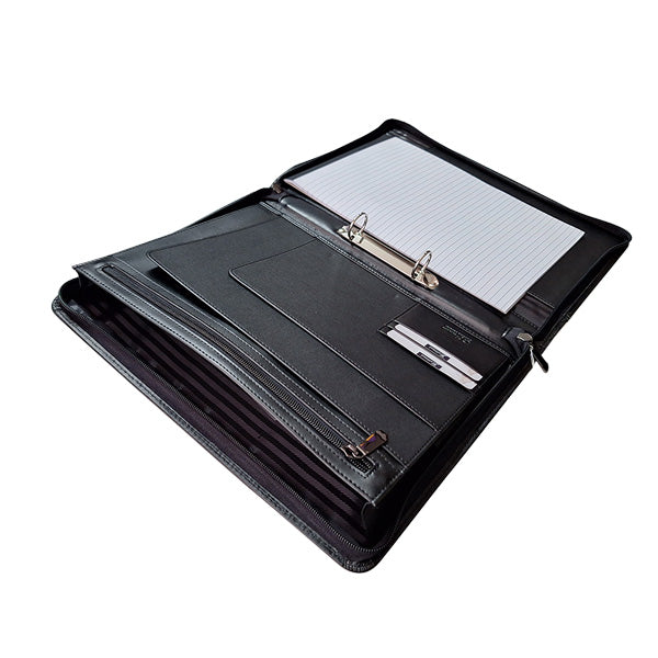 A4 Genuine Leather Zip Folder with Ring Binder and Handle - Black | MIRELLE