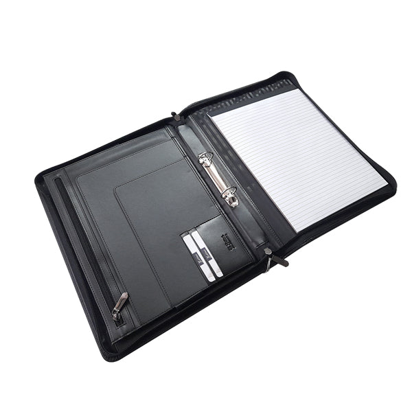 A4 Genuine Leather Zip Folder with Ring Binder and Handle - Black | MIRELLE