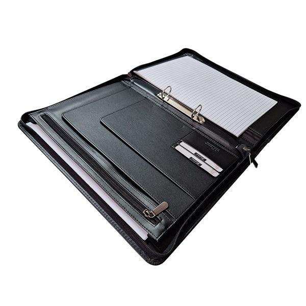 A4 Genuine Leather Zip Folder with Handle and Ring Binder - Black - Mirelle Leather and Lifestyle