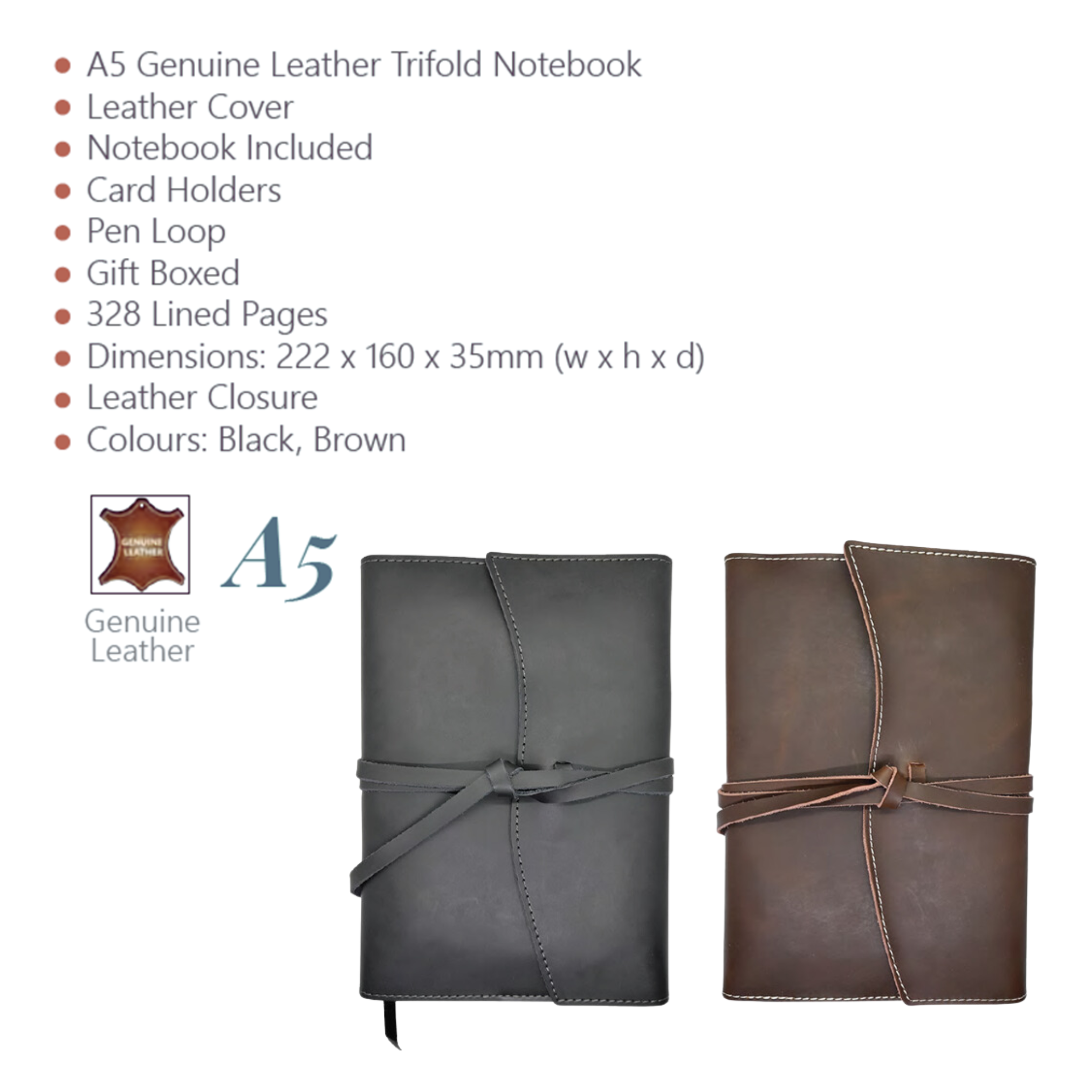 A5 Genuine Leather Trifold Slip On Notebook Cover and Notebook